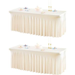 2 Packs Ivory Table Clothes for 4 Foot Rectangle Tables, One-Piece Wrinkle Resistant Stretch Spandex Table Covers with Skirt for Event Banquet Wedding Birthday Party