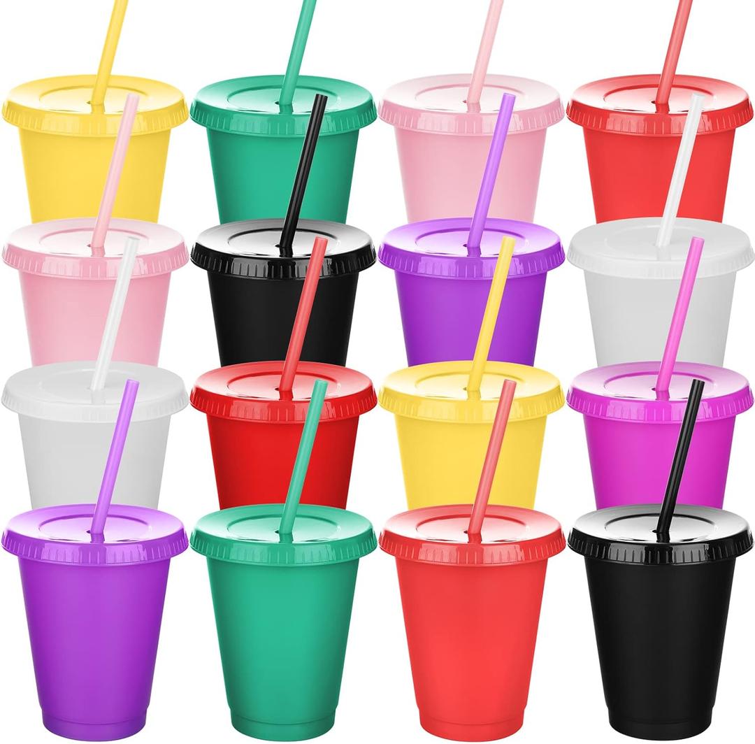 Sieral Cups with Straws and Lids Kids Tumbler with Straw Reusable Water Bottle Iced Coffee Travel Mug Adults Plastic Cups for Parties 16 oz(Fresh Colors,15 Pack)