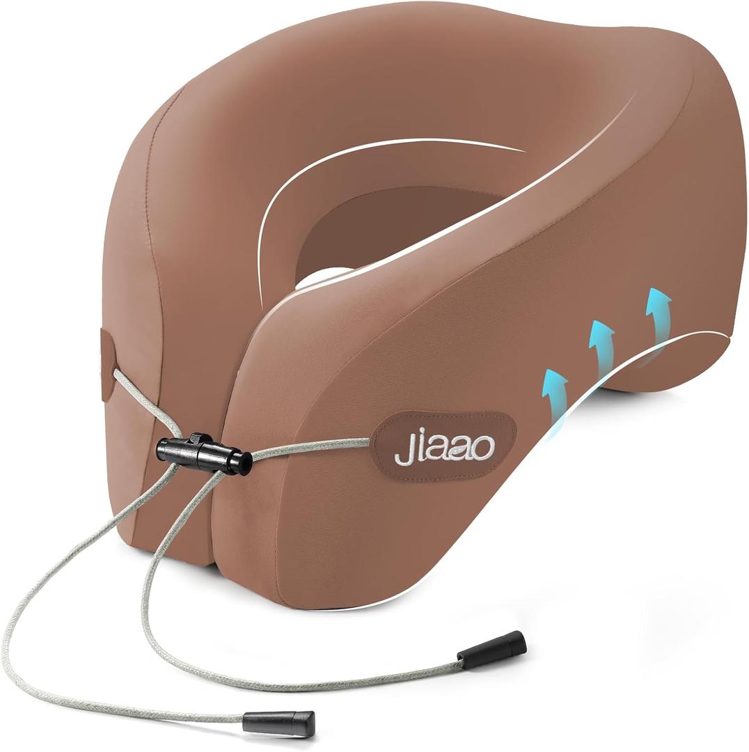 jiaao Neck Pillow Airplane, Ergonomic Memory Foam Travel Pillows for Long Flights, 3D Eye Masks, Ear Plugs and Portable Drawstring Bag, Napping Pillow for Home, Sleep Rest, Family and Travel Use (Brown)