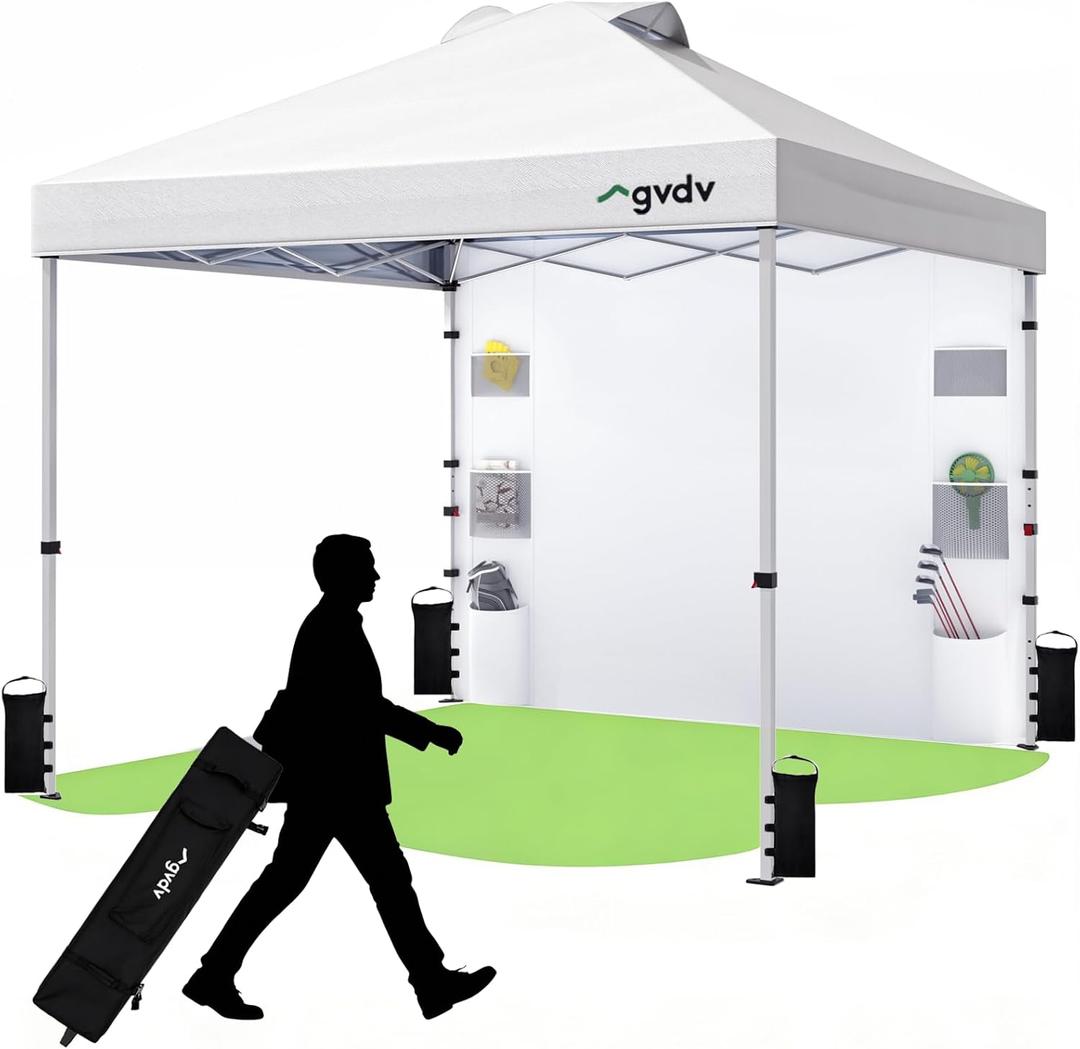 GVDV 10x10 Pop Up Canopy Tent with Pocket Sidewall, Beach Tent with One Push Setup, Outdoor Sun Shade for Events, Parties, Camping - Gazebo with Wheelbag and 4 Weight Bags, White, CP23