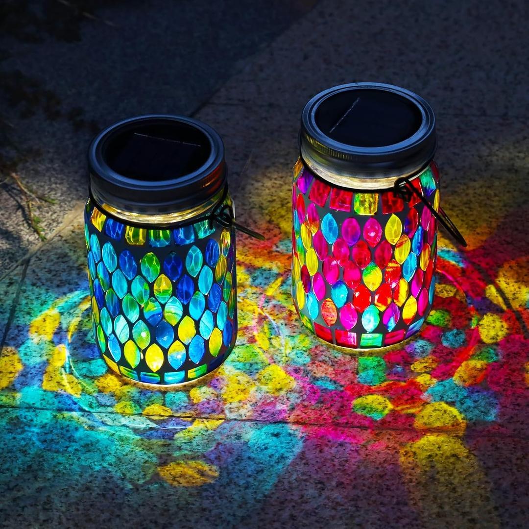 VOREEN 2 Pack Mosaic Solar Lanterns, Handmade Outdoor Glass Hanging Lights, Waterproof Solar Table Lamps, Jar Lantern, Gift for Mom Wife Friend, Decor for Garden, Patio, Yard, Balcony, Blue & Red