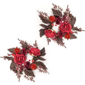 WELL KNOWN 2 Pcs 9" Mini Burgundy Dark Red Rose Artificial Flower Candle Rings Wreaths for Pillars as Mother's Day Home Dining Table Hanging Decor, Floral Wreath for Birthday Wedding Party & Gift