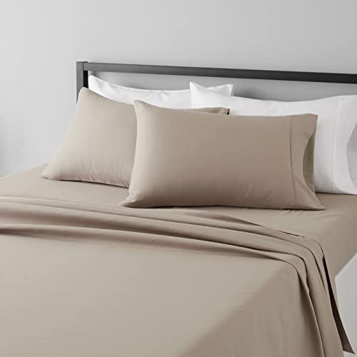 Amazon Basics Lightweight Super Soft Cooling, Easy Care Breathable Wrinkle Free Microfiber Comfortable 3 Piece Bed Sheet Set with 14-Inch Deep Pockets, Queen, Taupe, Solid