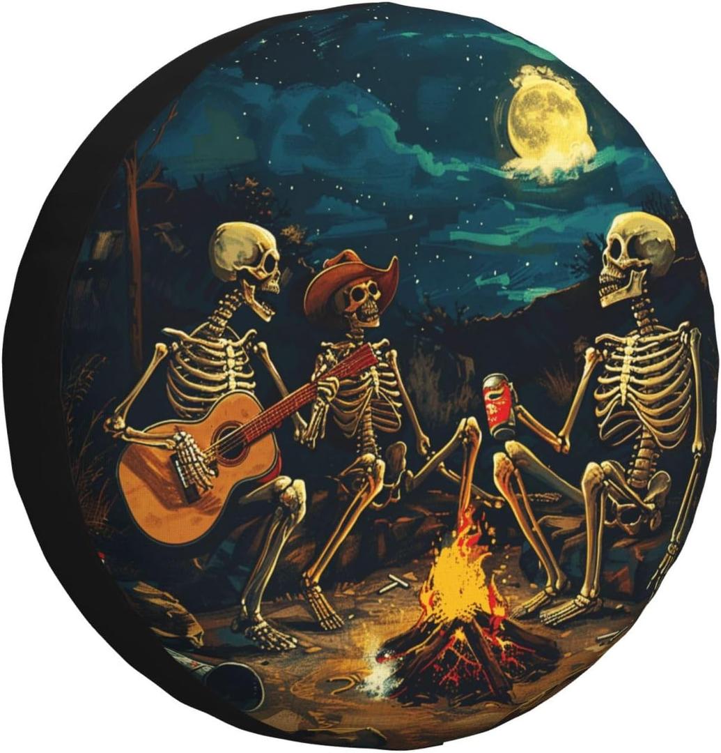 Skeleton Sit Around A Campfire Spare Tire Cover Funny Halloween Decoration Wheel Protectors Universal for Trailer Rv SUV Truck Camper Travel Trailer 15 Inch