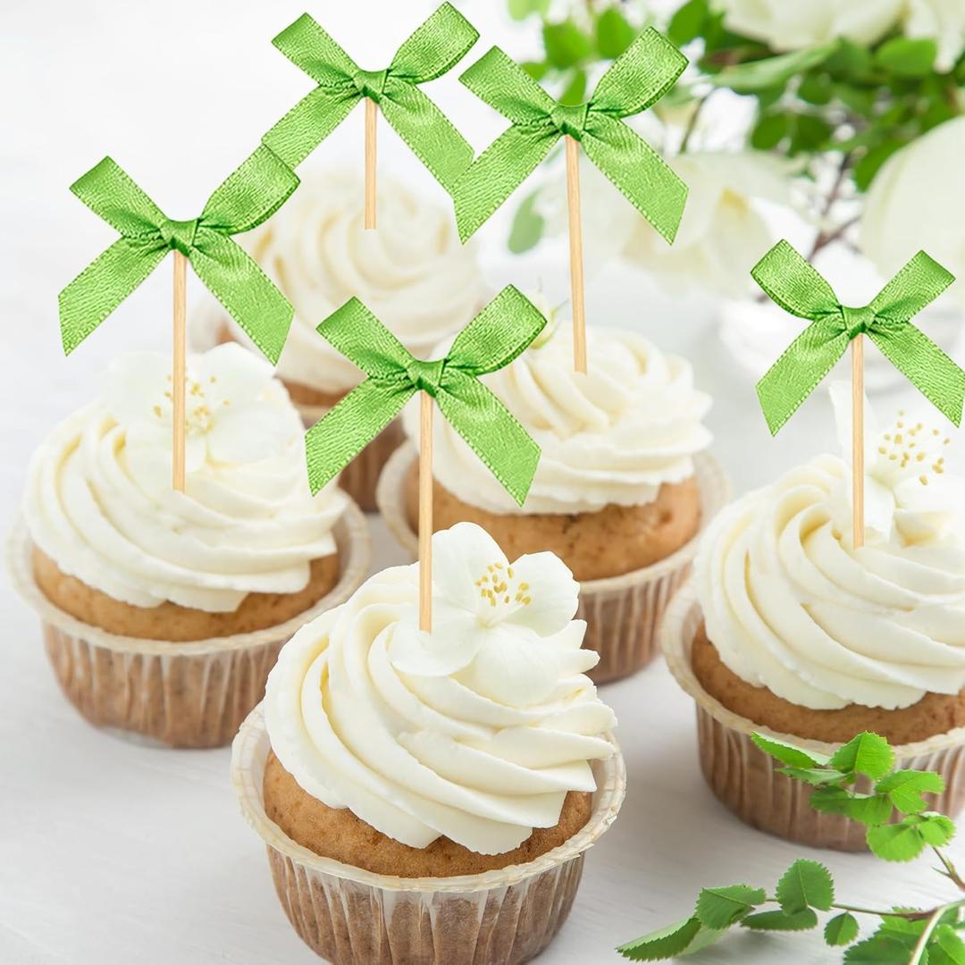 30Pcs Light Green Bow Cupcake Toppers, Coquette Cake Decorations Birthday, Bridal Shower, Baby Shower, Wedding, Bachelorette Party Girl-Themed Celebrations