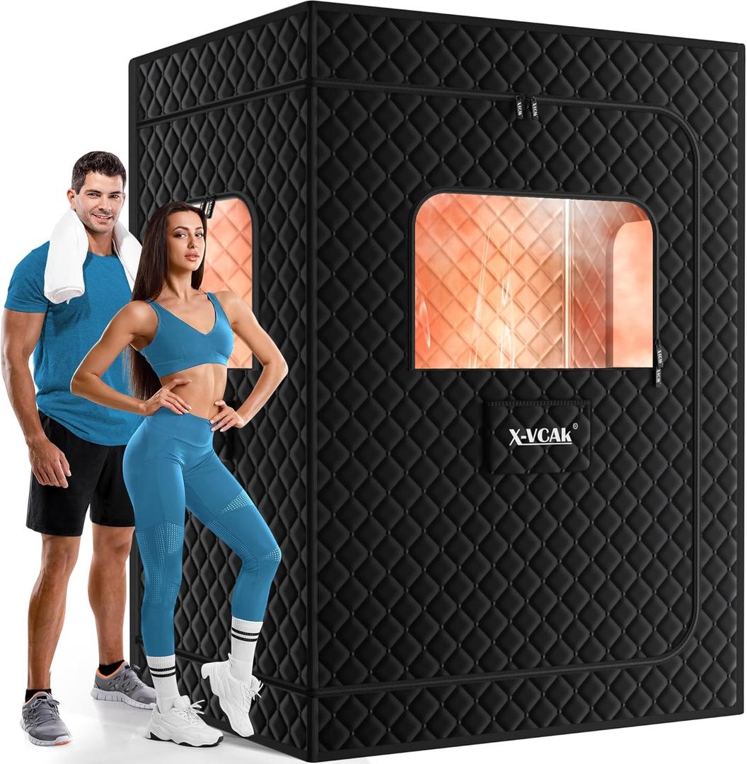 2 Person Sauna, Extra Large Sauna Box, Portable Steam Sauna Tent with 2 Steamers, 2 Folding Chair, 71x 49x 36, Black