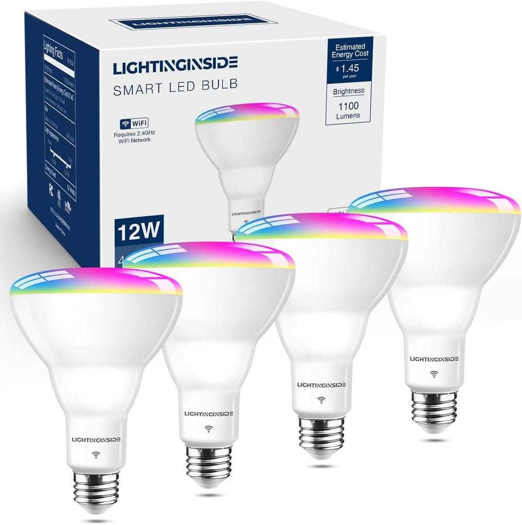 Lightinginside Smart Light Bulb 75W Equivalent, 1100LM 12W RGBCW BR30 E26 Bulb Works with Alexa/Google Home/Smart Life, 2.4G WiFi Bluetooth Recessed Flood LED Bulbs, No Hub Required, ETL Listed, 4 PCS