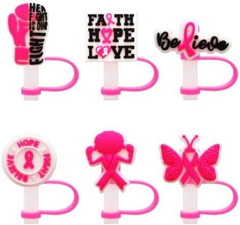 6Pcs Breast Cancer Awareness Straw Covers Cap Toppers for Stanley Cup 40 Oz Tumbler with Handle, 10mm 0.4in Dust-Proof Reusable Straw Tips Lids