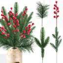 24 Pcs Christmas Artificial Pine Picks and Red Berry Stems, 10.5 Inch Greenery Pine Sprigs, 8 Inch Red Berry Branches, Faux Holiday Floral Picks for Wreaths, Garlands, Craft DIY, and Xmas Decorations