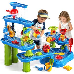 Sand and Water Table for Toddlers 18M+, 5-Tier Outdoor Toys and Play Activity Set for Kids Boys Girls Toddlers Ages 3 4 5 6 7 8 Years, Kids Sand Water Play Table Summer Beach & Pool Toys for Yard