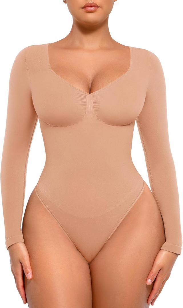 FeelinGirl Women's Long Sleeve Shapewear Bodysuit for Tummy Control Seamless Body Suits Thong V Neck Going Out Tops S