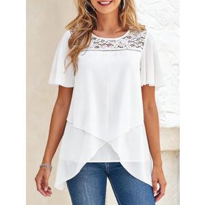 Women's White Lace Neck Short Sleeve Blouse Layered Asymmetric Hem Casual Top (5X-Large)