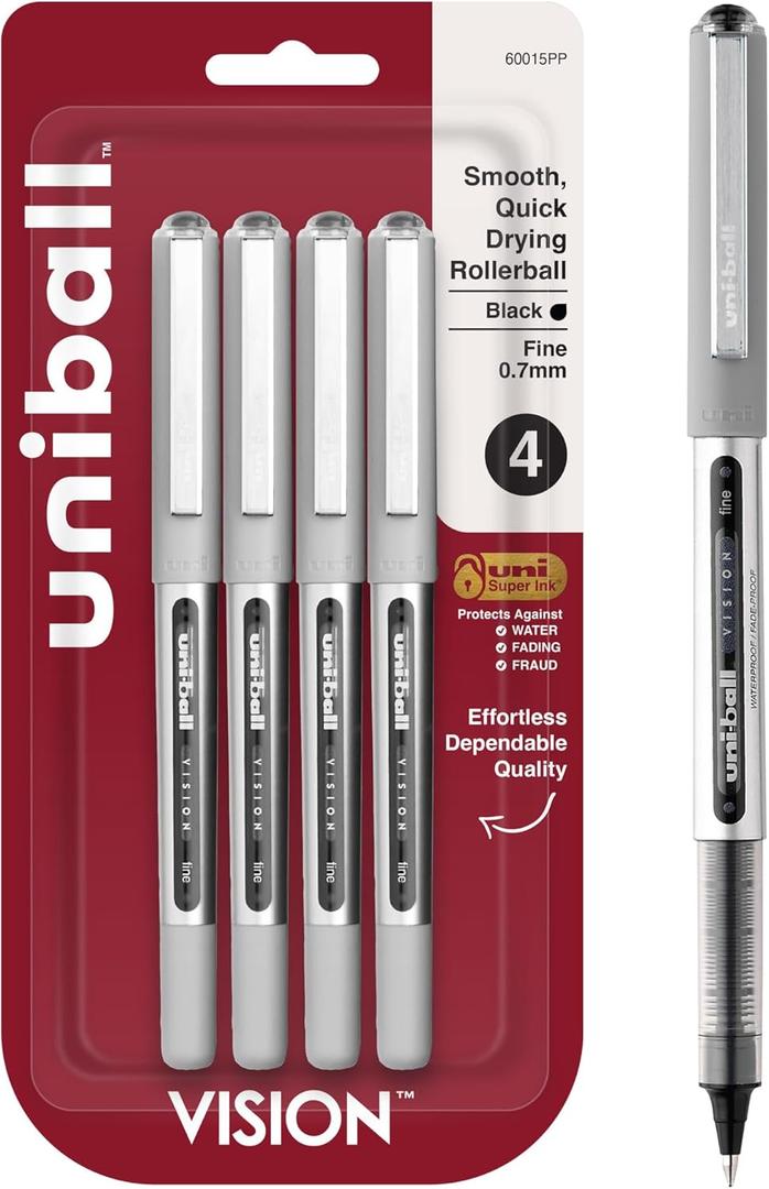 uni-ball Vision Stick Roller Ball Pens, Fine Point, Black Ink, Pack of 4