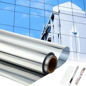 36 Inch x 50 ft One Way Window Film Privacy Daytime Reflective Mirror Window Tint Sun Blocking Thermal Insulated Film Heat Control Static Cling Tint Anti UV Home Office (Silver)