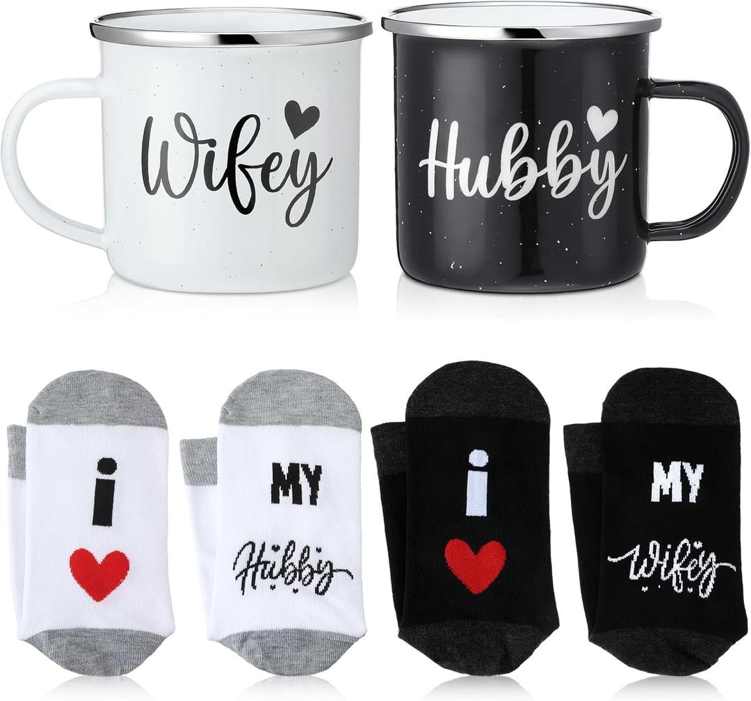 Domensi 4 Pack Hubby and Wifey Gifts Wifey and Hubby Enamel Couples Coffee Mugs Couples Socks for Bride Engagement Groom Wedding Gifts
