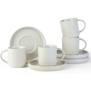 famiware Star Espresso Cups and Saucers Set of 4, [ Mini ] 3 oz Ceramic Small Coffee Mug with Handle, Ribbed Stoneware Demitasse Cup for Tea, Latte - Microwave & Dishwasher Safe - Matte White