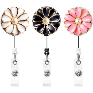 Retractable Badge Holder with Alligator Clip, 24 inch Retractable Cord, ID Badge Reel with Pearl, 3 Pack (Multiple)