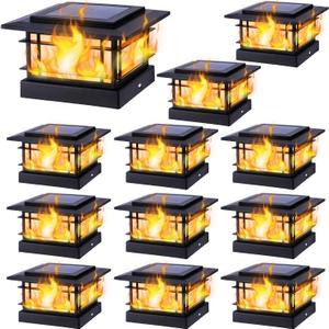 Dynaming 4x4 Solar Post Cap Lights Outdoor with Flickering Flame Light, Black Shell Fence Post Solar Lights Fit Vinyl/Wooden Posts, Brightness LED Lighting Decor for Garden Deck Patio, 12 Pack