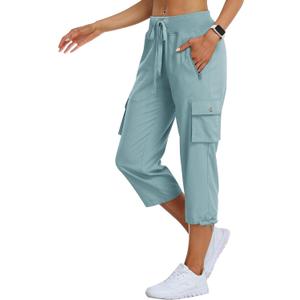 MoFiz Women's Cargo Capris Hiking Pants Lightweight Quick Dry Outdoor Athletic Travel Casual Loose Comfy Cute Zipper Pockets (Blue, XXL)