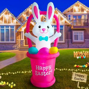 7 Ft Easter Inflatable Yard Decorations, Blow up Easter Bunny with Basket Light up Outdoor Decor for Holiday Party Indoor Outdoor Garden Lawn