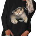 futurino Women's Long Sleeve T-Shirt Round Neck Pullover Cat Print Loose Top (XL)