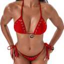 Luckydora Women's Thong Bikini Set Goth Two Piece Swimsuit Grommet Eyelet Bathing Suit Metal Pendant Red X-Small