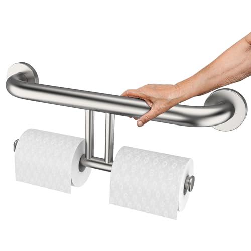 Brushed Nickel Handicap Grab Bar w/Toilet Paper Roll Holder, Zepolu 2-in-1 Safety Assist Bar Balanced Support Handle 17 Inch, Stainless Steel Wall Mounted Bathroom Toilet Grab Bar for Senior Elderly