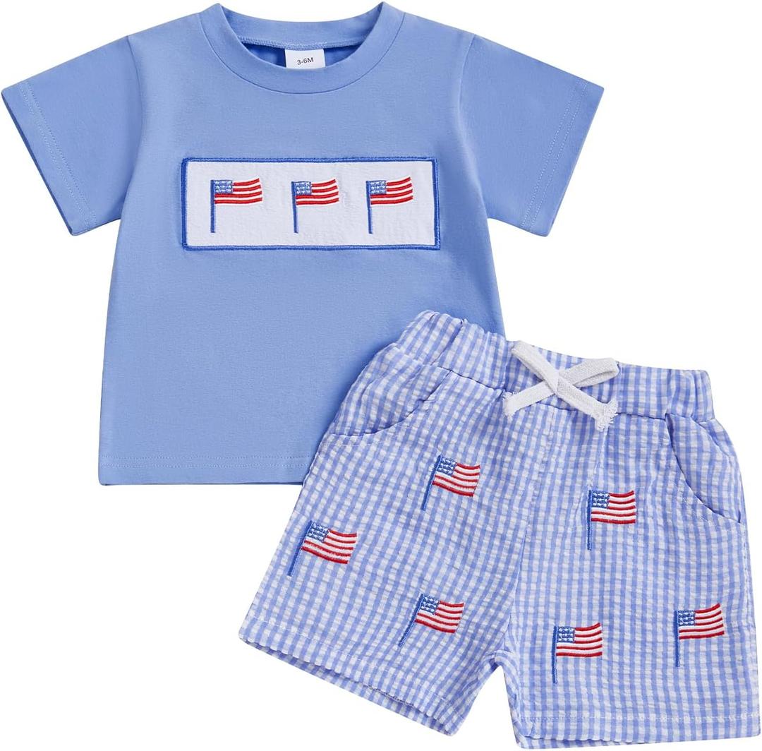 Toddler Baby Boy 4th of July Outfits American Flag T-Shirt Tops Plaid Shorts Set Fourth of July Boys Clothes