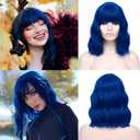 Women's Blue Wig Short Curly Wavy Wig Shoulder Length Flat Bangs Wig For Women Girl Cosplay Party Halloween Wig Cap Included (Blue)