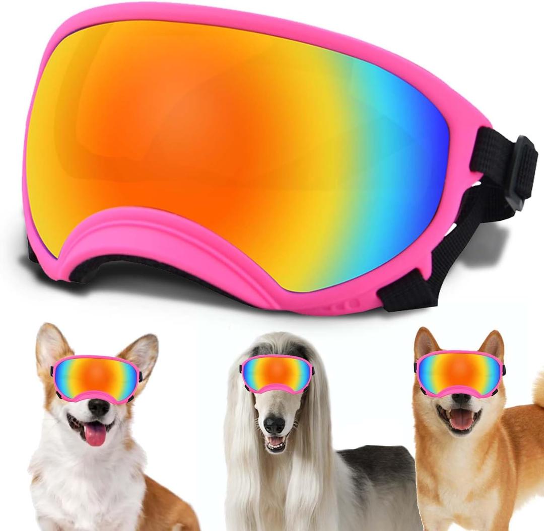 Medium Dog Sunglasses with Adjustable Strap UV Protection, Winproof Dog Puppy Sunglasses, Suitable for Medium Dog Pet Glasses, Dogs Eyes Protection,Soft Dog Goggles (Small, Pink Frame&Colours Lens-Small)