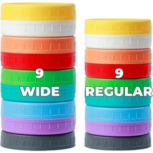 Bedgeta 18 Pack 9 Wide Mouth & 9 Regular Mouth Mason Jar Lids with Silicone Rings, Thickened Leak-proof Lids Fit Ball, Kerr and More, 18 Color Plastic Lids, 86mm &70mm Plastic Mason Jar Lids