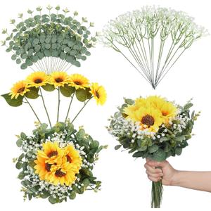 65 Pcs Artificial Sunflower Bundle with Eucalyptus Stems Babys Breath Fake Sunflower Bouquet DIY Flower for Wedding Floral Arrangement Table Centerpieces Party Home Decoration, No Vase