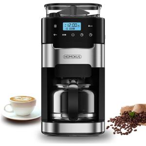 HOMOKUS 10-Cup Coffee Maker with Grinder, Touch Screen, Automatic Brew, Warming Plate, 1.5L Water Tank, Removable Filter