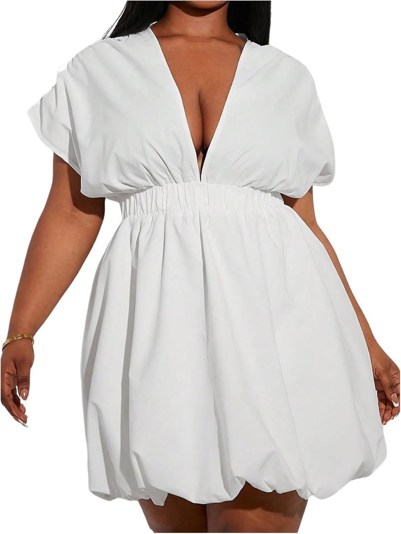Women's Plus Size Deep V Neck Mini Bubble Dress Short Sleeve Puffy Party Club Dresses (3X-Large Plus, White)