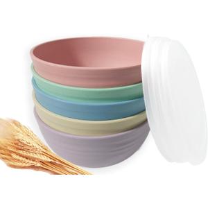 5 Pack Unbreakable Wheat Straw Bowls with Lid, 26 OZ Cereal Bowls for Kitchen, Dishwasher Safe Soup and Salad Bowls, Reusable microwave bowl for Ice Cream,Snack and Fruits, 6in