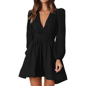 FAIABLE Mini Deep V Sexy Long Sleeve Dress for Women A-line High Waisted Casual Flowy Dress for Cocktail Wedding Guest, L