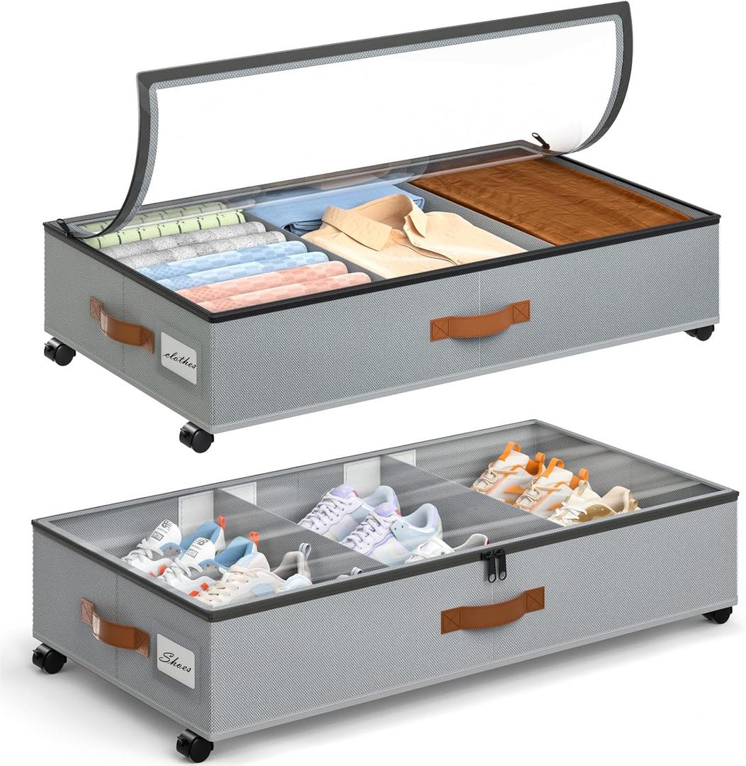 Yecaye Under Bed Storage with Wheels, Under Bed Storage Containers with Adjustable Dividers & Clear Window, Rolling Underbed Organizer Bins Drawers for Clothes, Shoes, Blankets, Grey Large(2pack)