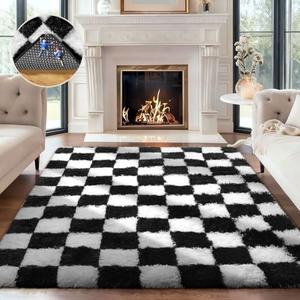 Ophanie Checkered Black & White Rug for Living Room Bedroom, Fluffy Soft Cute Fuzzy Area Rugs, Shag Plush Shaggy Bedside Floor Furry Carpet for Kids Baby Teen Dorm Nursery Home Decor Aesthetic