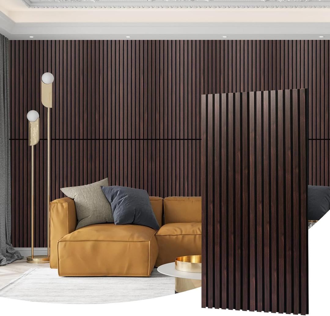 AMZDEPOT Wood Slat Wall Panel, 48'' x 24'' Wood Panels for Wall, 3D Soundproof Wall Panels, Large Acoustic Panels for Interior Ceiling and Wall Decor Noise Reduction, 2 Pack, Walnut