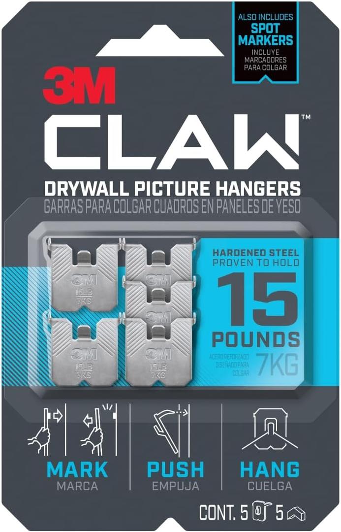 3M Claw 15 lb. Drywall Picture Hanger with Spot Markers, Heavyweight Hanging Solution for Room Decor and Office Decor, Including Mirrors or Large Art  5 Pack