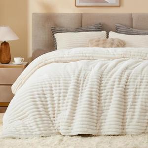 BEDELITE Fleece Full Comforter Set -Super Soft & Warm Fluffy Cream White Bedding, Luxury Fuzzy Heavy Bed Set for Winter with 2 Pillow Cases