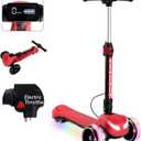 24V Electric Scooter for Kids w/150W Powerful Motor, Thumb Throttle, LCD Screen, Bluetooth, Light-Up Stem Deck & Wheels, 3 Adjustable Heights, 5MPH Safe Speed, 3 Wheel Electric Scooter for Kids (Red)