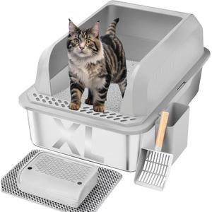 Stainless Steel Cat Litter Box with Lid, XL Large Litter Box for Big Cats, Enclosed Kitty Litter Pan with High Sides, Anti-Leakage & Non-Stick, Easy to Clean, Included Scoop, Aisle and Mat (Gray)