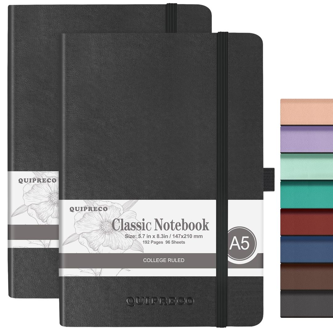 quipreco 2Pack Hardcover Lined Journal Notebook, A5 192 Pages 100Gsm Paper College ruled for School,Work,Travel,and Daily Planning5.7''*8.3'',Black