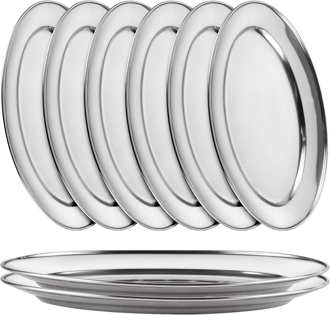 AKOLAFE 8PCS Large Stainless Steel Sizzle Platter Food Serving Trays for Party Buffet Oval Serving Platter Set Decorative Silver Plates Metal Tray Long Sizzler Plates for Sushi Appetizer Table Dish