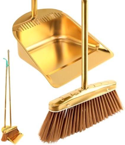 Gold Stainless Steel Broom and Dustpan Set, 2-Piece Long Handle Standing Pan with Comb Teeth, Heavy Duty Windproof Upright Design for Home, Kitchen, Indoor Outdoor Use