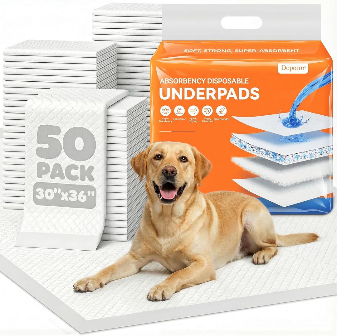 Disposable Pee Pads for Dogs, Puppies & Adults, 30 x 36 (50 Count), Super Absorbent Extra-Large Potty Pads with Adhesive Strips, Quick-Dry Indoor Protection for Pets