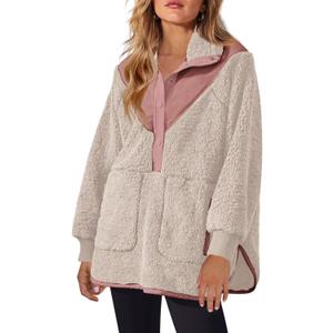 Panadila Womens Half Snap Fleece Pullover Oversized Fuzzy Sweatshirt with Pockets Trendy Warm Sherpa Sweater (Large, Apricot)