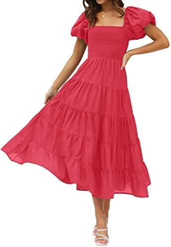 ZESICA Women's 2026 Summer Square Neck Short Puff Sleeve Solid Color High Waist Casual Smocked Flowy A Line Tiered Midi Dress, S