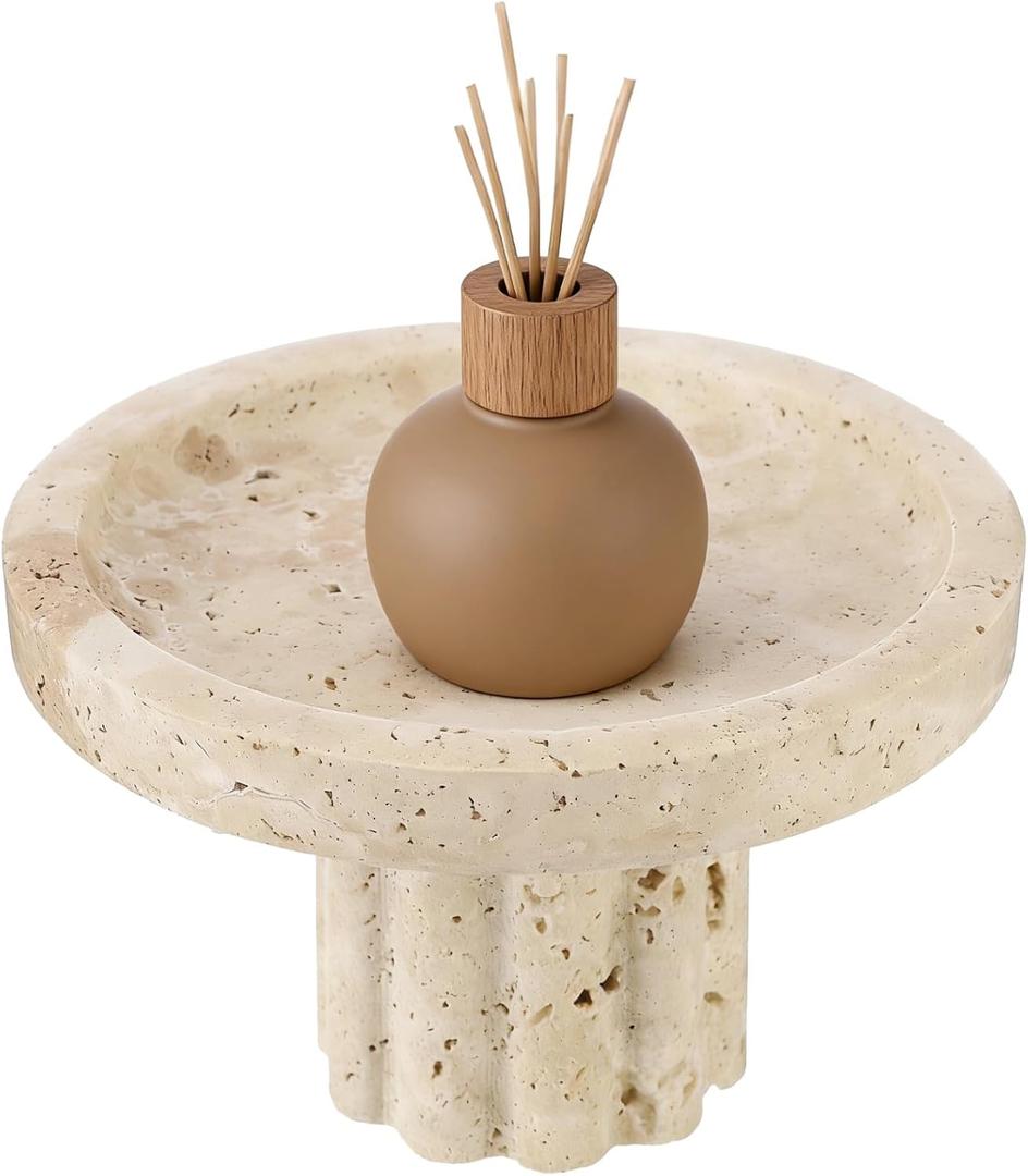 Travertine Tray with Base, 7.3" Round Vanity Decorative Organizer with Base, Countertop Pedestal Tray, Catchall Dish for Jewelry, Perfume, Candles, Vintage Table Organizer